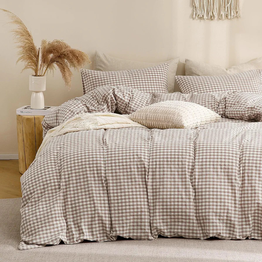 TOCOMOA Tan Gingham Duvet Cover Bedding Set Washed Cotton Like Linen, King | Amazon (US)