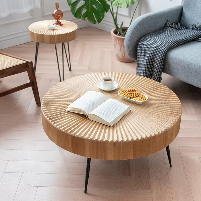 LONYKE 2-Piece Farmhouse Nesting Table Round with Handcrafted Wood Radial Pattern, Modern Coffee ... | Amazon (US)