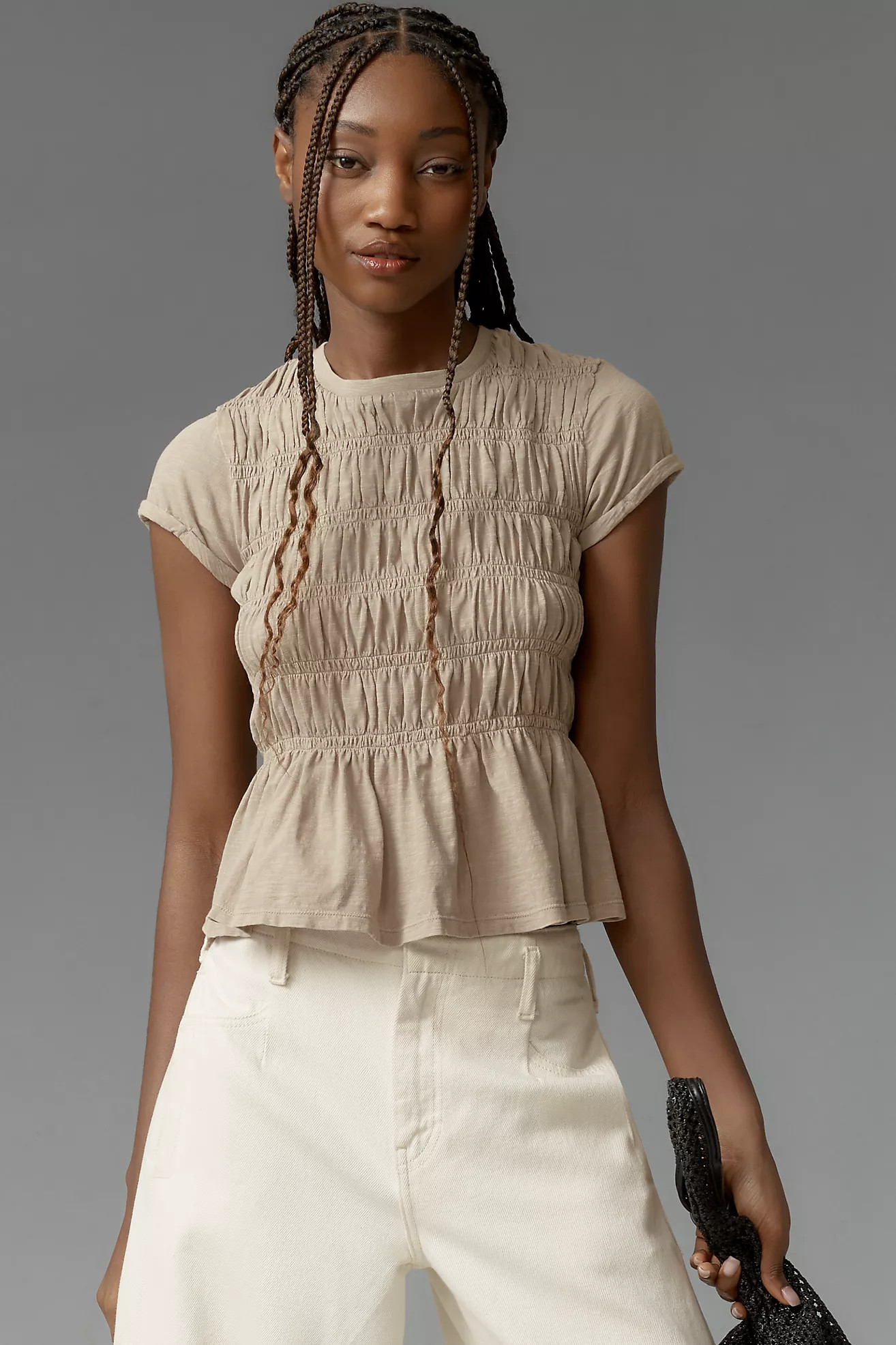 Pilcro Garment Dye Ruched Crew-Neck Cap-Sleeve Tee | Anthropologie (US)