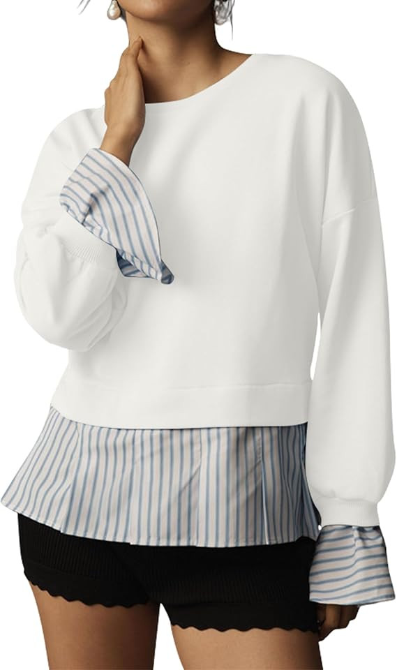 Striped Trim Twofer Sweatshirt For Women Crew Neck Long Sleeve Patchwork Pullovers Sweater Outfit... | Amazon (US)