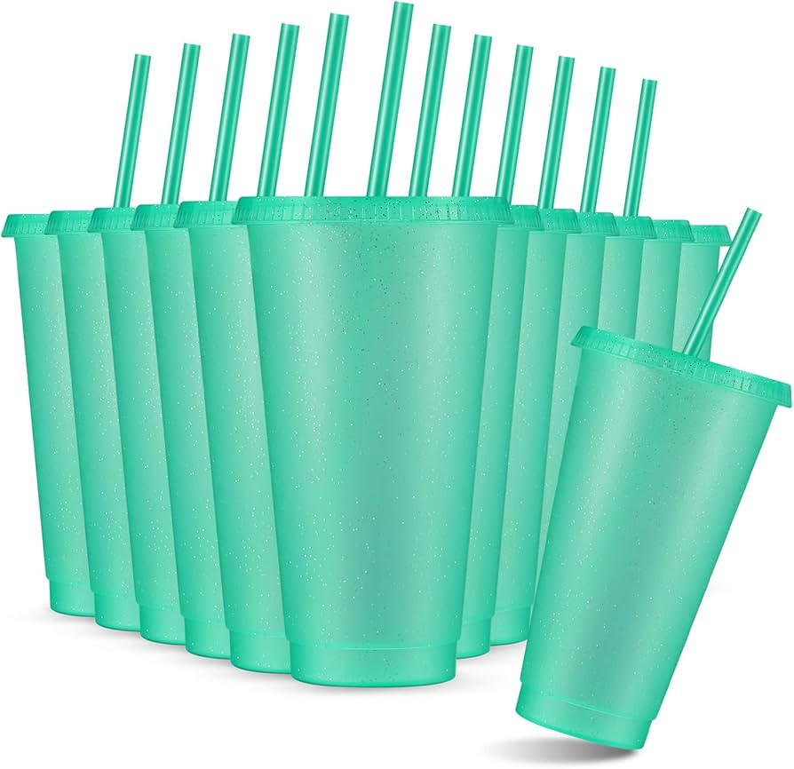 Amyhill 12 Pcs Reusable Glitter Cups with Lids and Straws 24 oz Plastic Tumbler Iced Coffee Cup T... | Amazon (US)