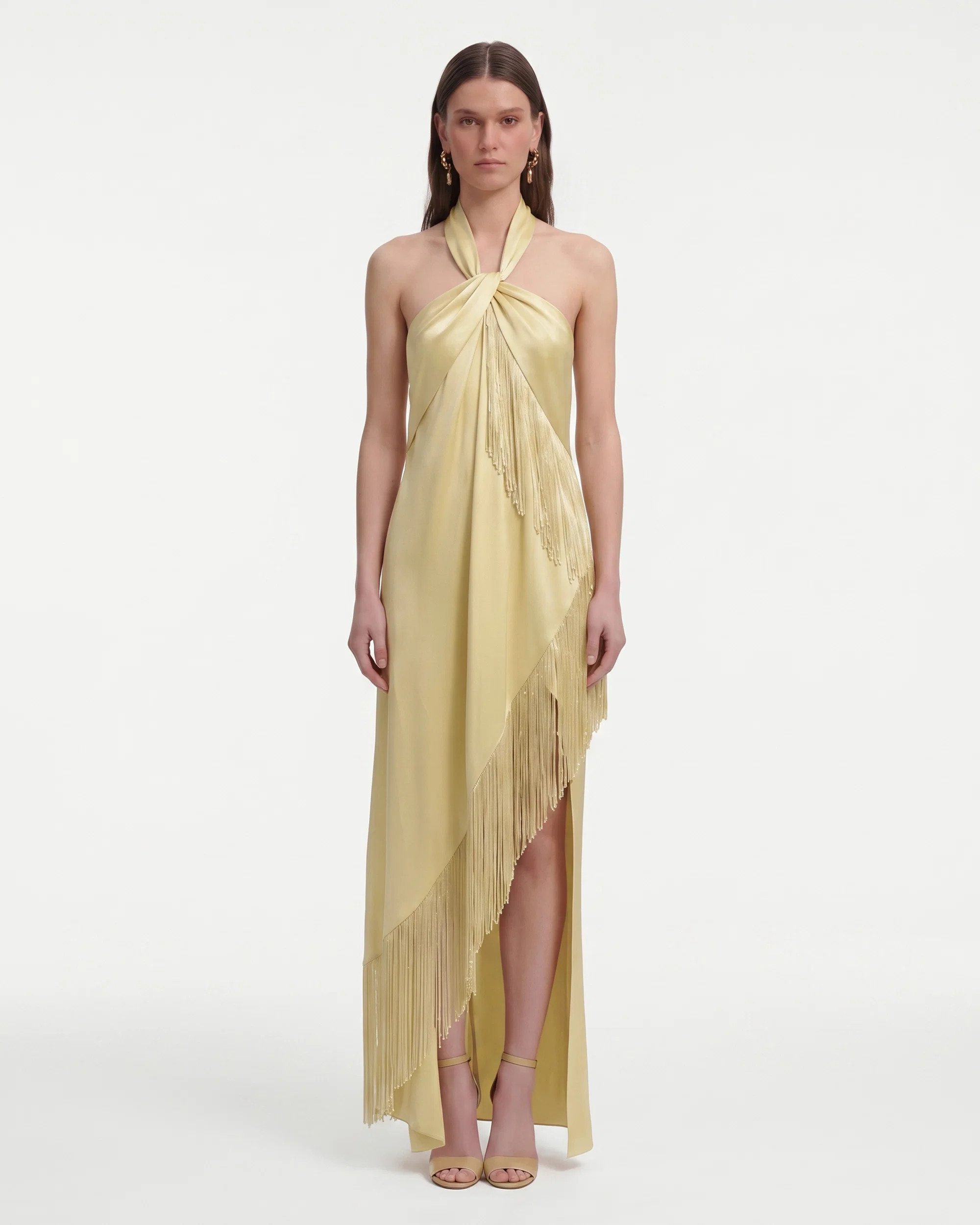 Fringe Halter Draped Satin Maxi Dress - Champagne | JW PEI US