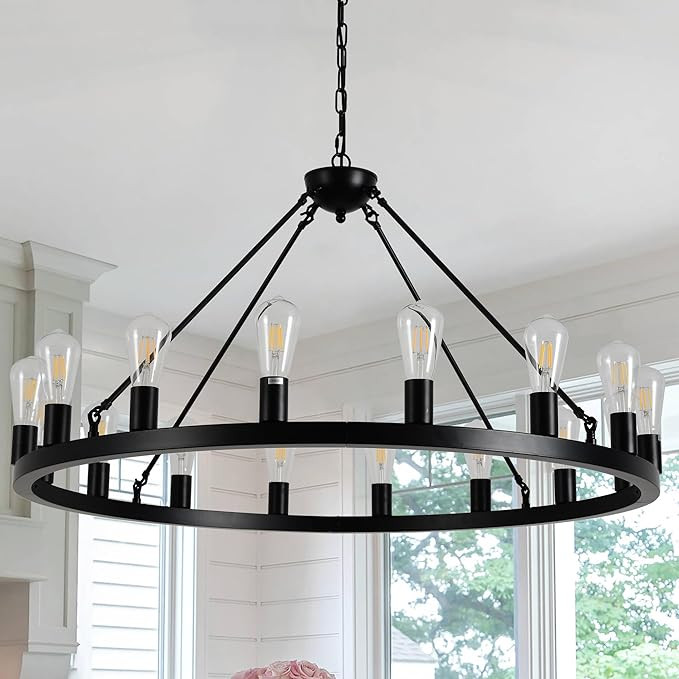 40" Black Wagon Wheel Chandelier,E26 16-Light Large Round Rustic Farmhouse Chandelier Industrial ... | Amazon (US)
