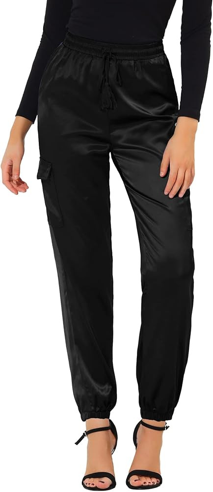 Allegra K Women's Satin Pants Tie Elastic High Waist Shiny Silky Dressy Satin Cargo Joggers | Amazon (US)