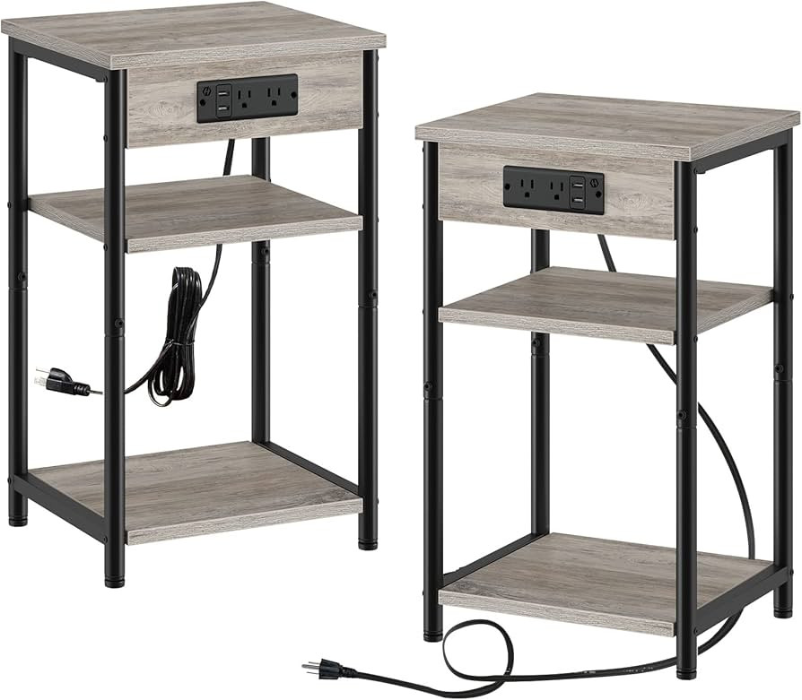 Rolanstar End Table with Charging Station, Set of 2 Small Nightstand with Storage Shelf, 3 Tier S... | Amazon (US)