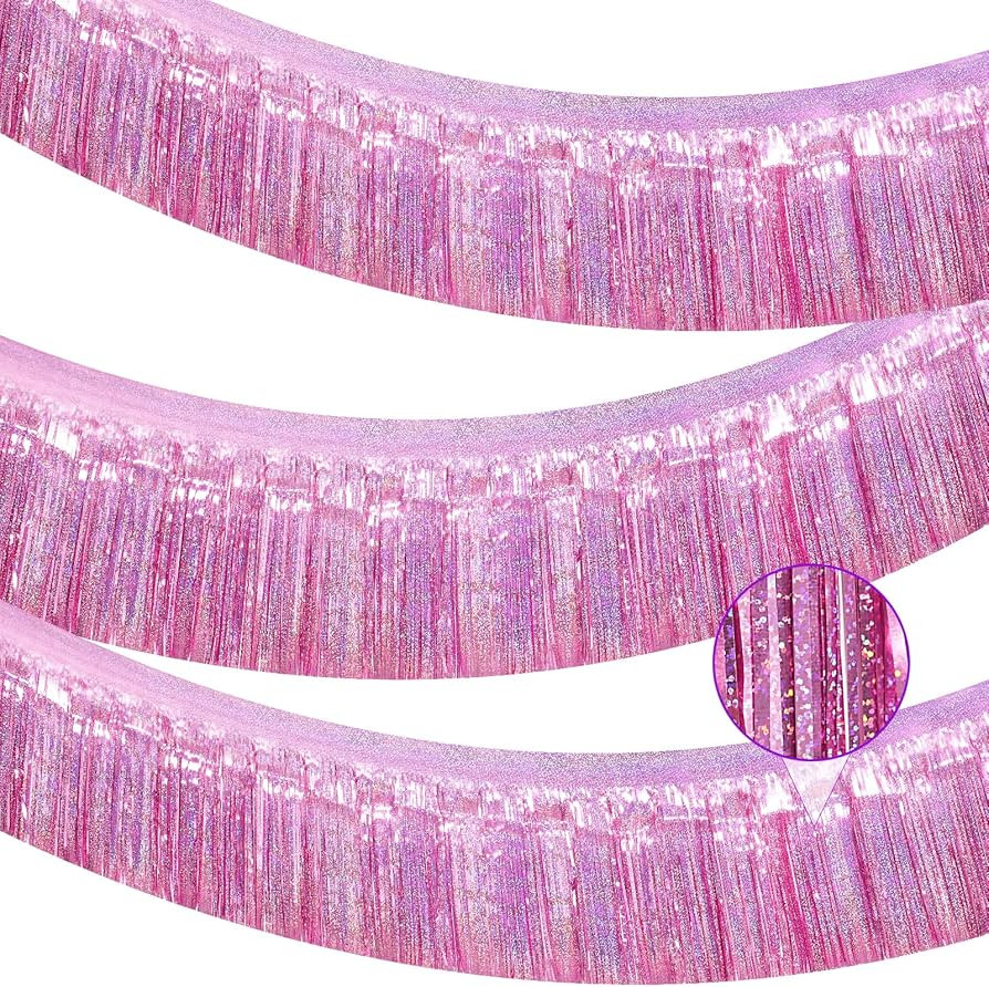 3 Pack×10Ft Pink Iridescent Foil Fringe Banner Party Decorations, Shiny Metallic Tinsel Streamer... | Amazon (US)