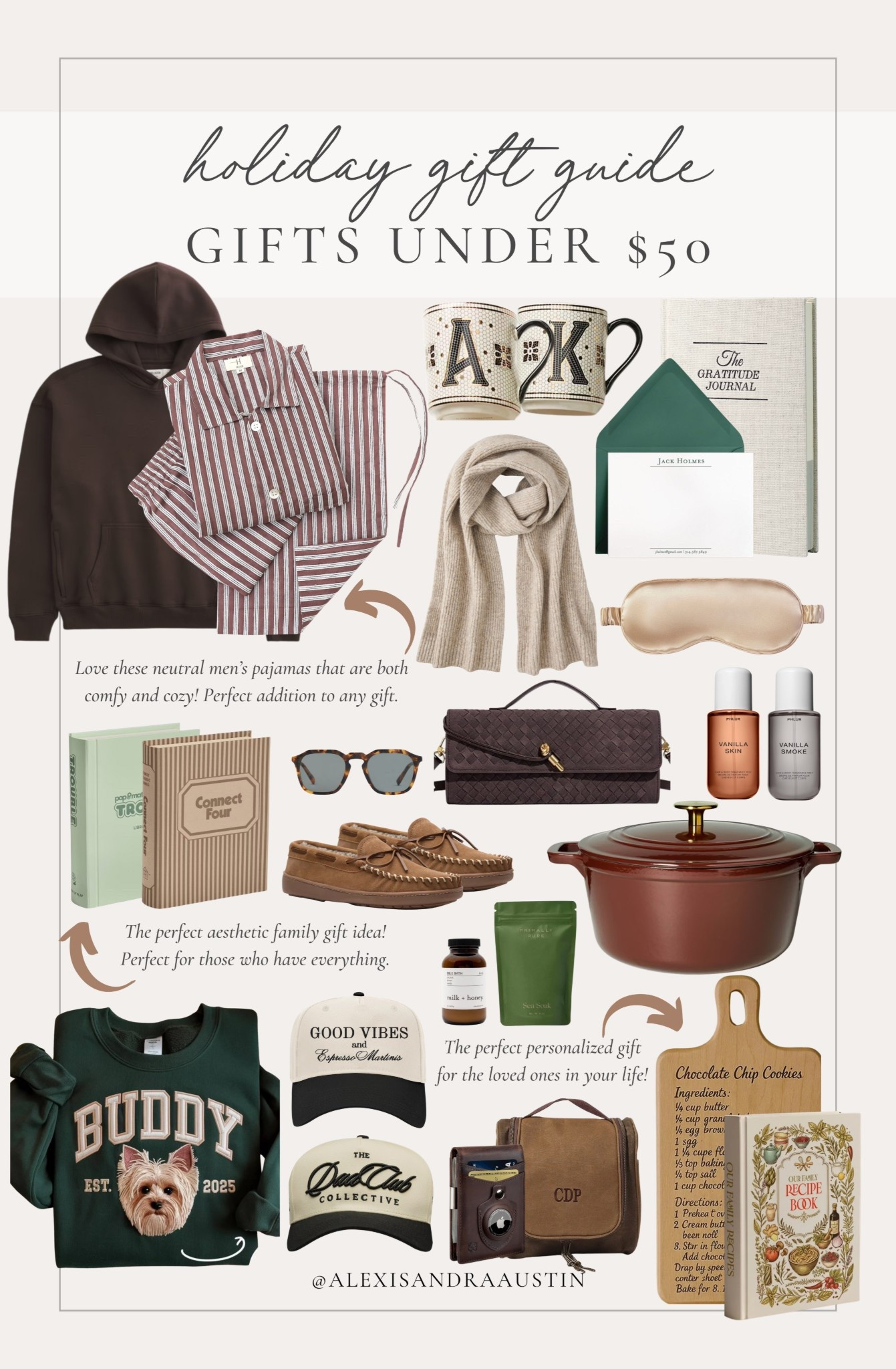 Holiday gift guide under $50! Loving these additions to any gift set or those that are hard to shop for.

Holiday gift guide, gifts under $50, neutral gift guide, Dutch oven, game set, cozy sweater, men’s pajama set, neutral, scarf, sunglasses favorites, neutral, clutch, self-care, gifts, neutral hat, Etsy, found it on Amazon, target style, curio press, Anthropologie, Hollister, Old Navy, Sephora, shop the look!!

#LTKHoliday #LTKFindsUnder50 #LTKGiftGuide