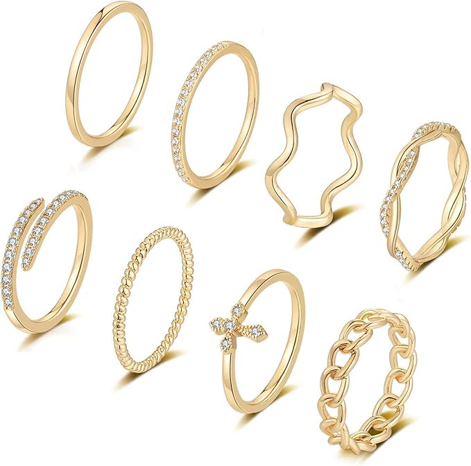 Honsny 14K Gold Plated Stacking Rings Set for Women, Stackable Knuckle Rings Thin Dainty Silver R... | Amazon (US)