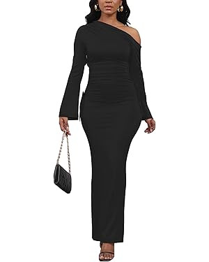 Women's Sexy Bodycon One Shoulder Long Sleeve Ruffle Maxi Club Party Cocktail Long Dress | Amazon (US)