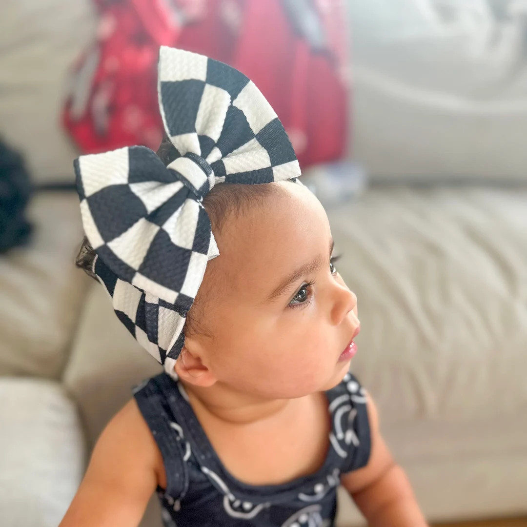 Racing HAIR BOWS. Black and White Checkered Headwrap Bow on - Etsy | Etsy (US)