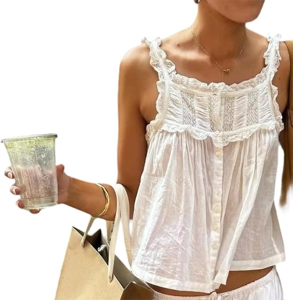 Women Boho Lace Trim Tank top Sleeveless Button Down Front Tie Lace Babydoll Tops Flowy Crop Top ... | Amazon (US)