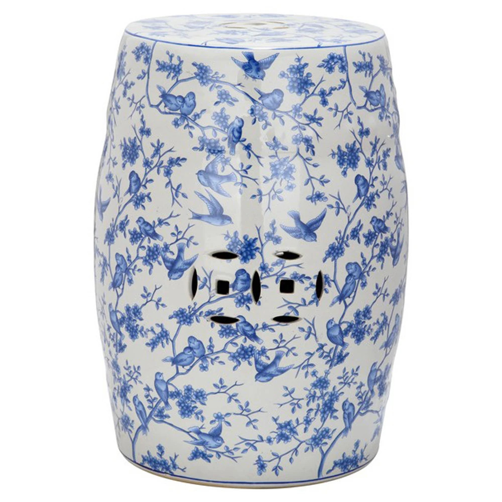 Bree Traditional Blue Ceramic Bird Outdoor Garden Stool | Kathy Kuo Home