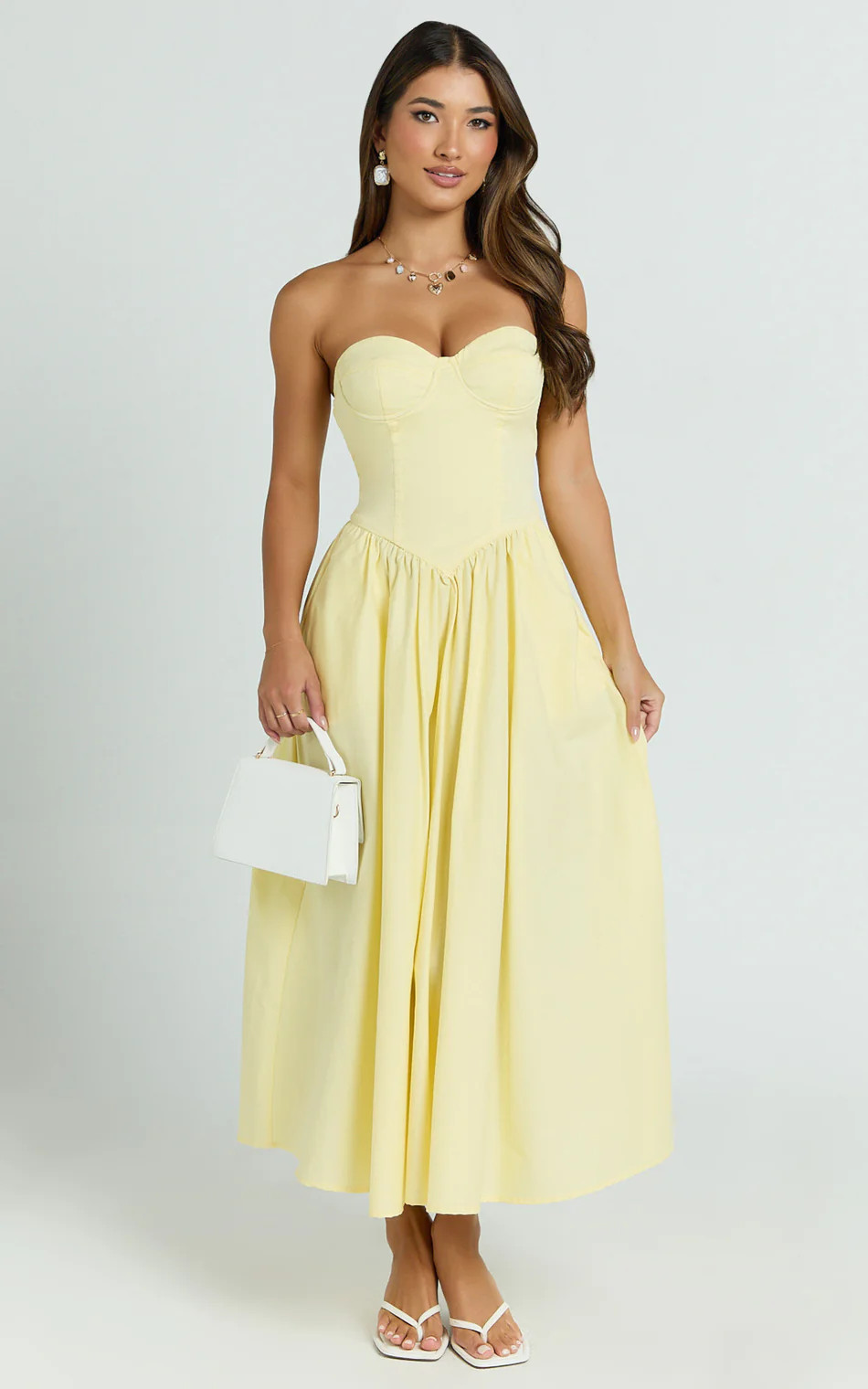 Daria Midi Dress - Strapless Corset Gathered Dress in Lemon | Showpo (US, UK & Europe)