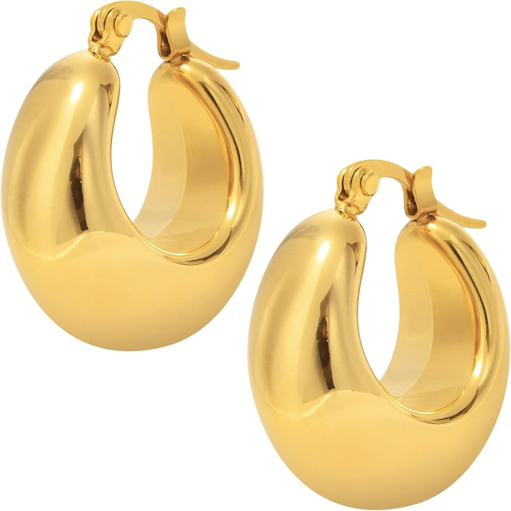 Stainless Steel Chunky Gold Hoop Earrings Lightweight Hypoallergenic Small Square/Rectangle/Thick... | Amazon (US)