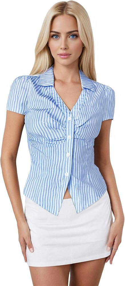 Women's Striped Puff Short Sleeve Shirt Button Down Collar V Neck Ruched Blouse | Amazon (US)