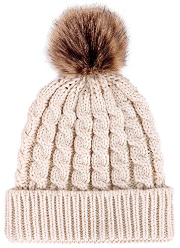 Winter Hand Knit Beanie Hat with Faux Fur Pompom, Cream | Amazon (US)
