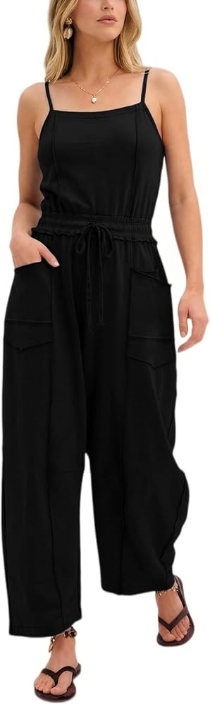 UANEO Women's Jumpsuit Adjustable Spaghetti Straps Summer Overalls Barrel Wide Leg Drawstring Rom... | Amazon (US)