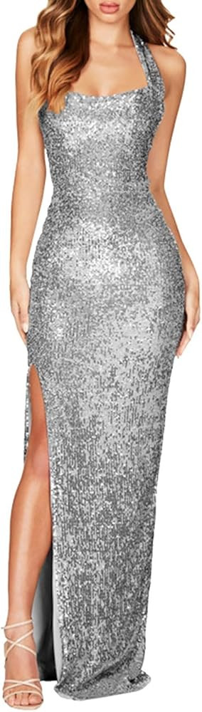 Wedding Guest Dresses for Women Sequin Halter Neck Slim Sleeve Evening Split Floor Length Sexy Sp... | Amazon (US)