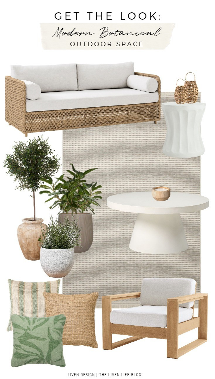 Modern botanical outdoor space. Patio decor. Porch. Woven patio sofa. Planters. Outdoor pillows

#LTKSeasonal #LTKHome #LTKSaleAlert