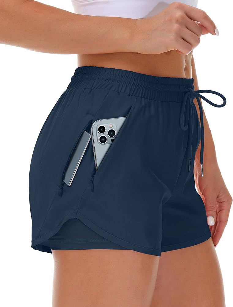 Mancreda Women's Running Shorts with Liner 3 Zipper Pockets Elastic Workout Athletic Gym Yoga Sho... | Amazon (US)