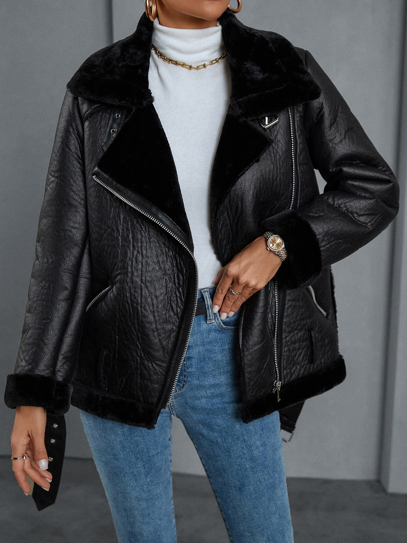 SHEIN Essnce Teddy Panel Zip Up Moto Jacket | SHEIN