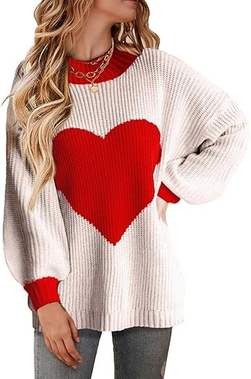 Oversized Valentine Heart Sweater for Women Boyfriend Style Long Sleeve Crewneck Sweaters Women C... | Amazon (US)