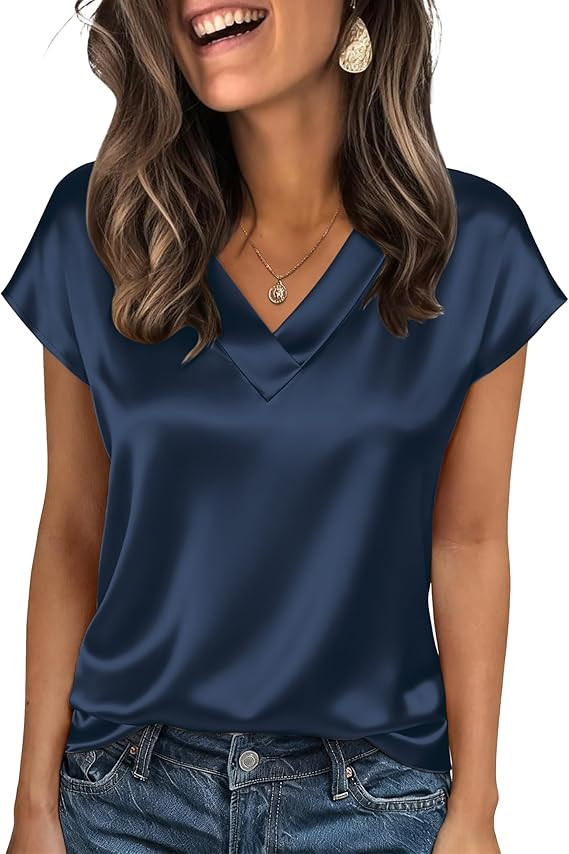 Zeagoo Satin Blouses for Women Dressy Casual Short Sleeve Cute Tops Trendy Fashion Shirts 2026 Sc... | Amazon (US)