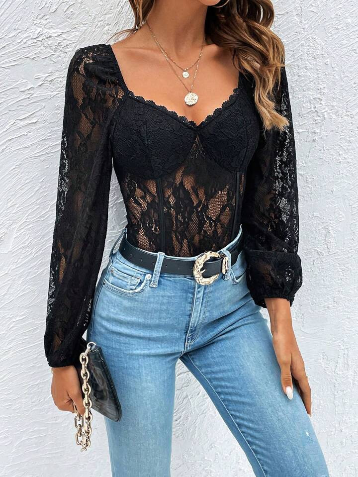 SHEIN Frenchy Sweetheart Neck Lantern Sleeve Lace Bodysuit | SHEIN