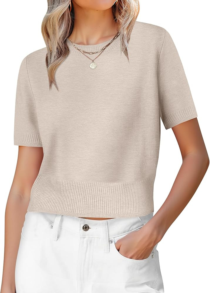 ANRABESS Womens Short Sleeve Sweaters Cropped Crew Neck Business Casual Lightweight Sweater Tops ... | Amazon (US)
