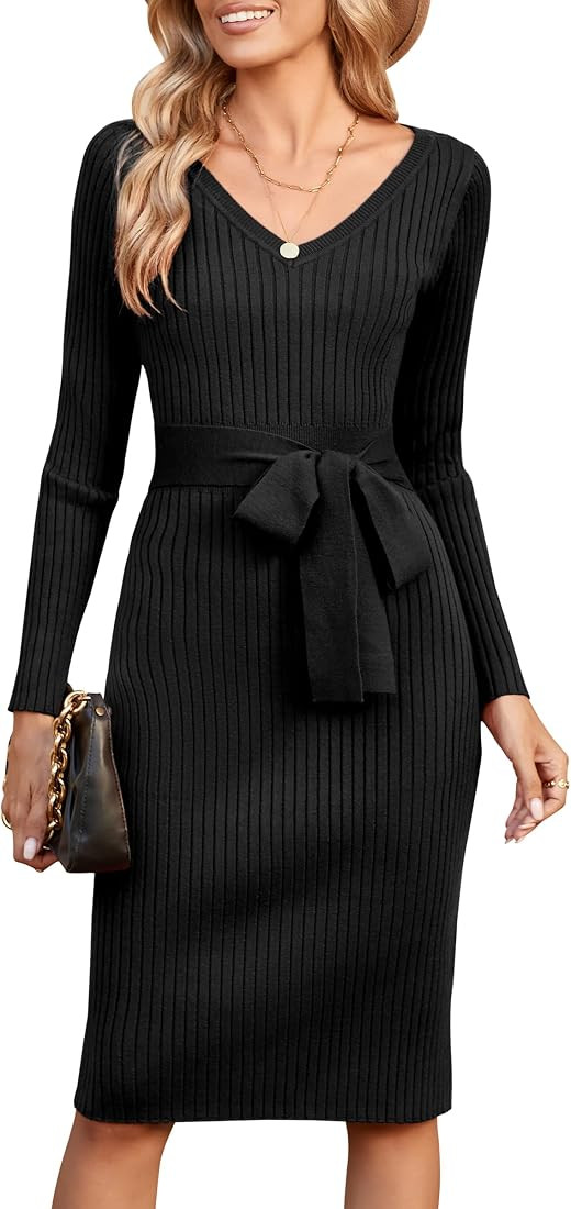 Newshows Womens 2024 Fall Sweater Dress Long Sleeve V Neck Business Casual Outfits Winter Fashion... | Amazon (US)