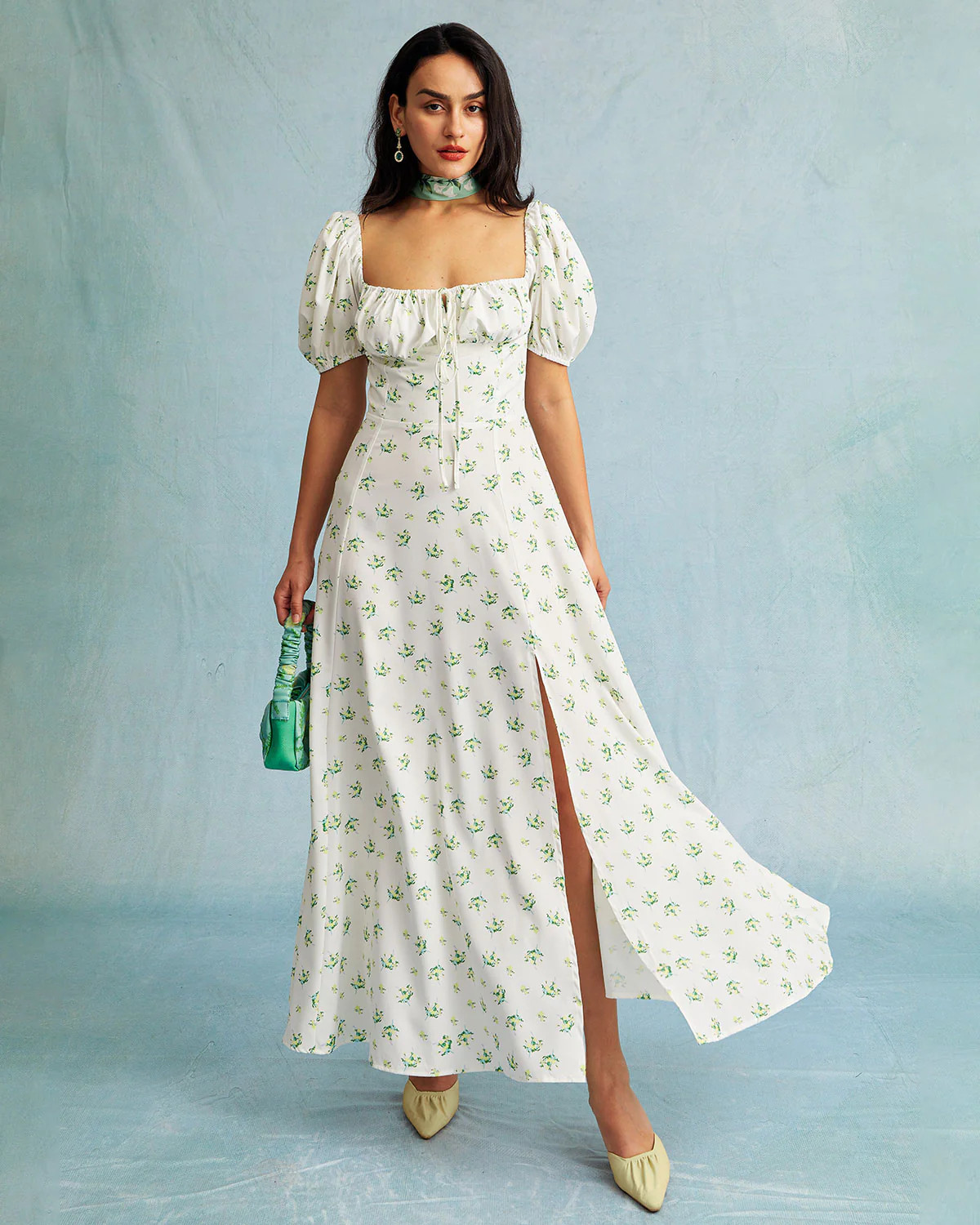 The Square Neck Floral Ruched Puff Sleeve Maxi Dress | rihoas.com