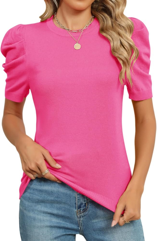 AKEWEI Puff Short Sleeve Sweater for Women Tops Trendy Fall 2024 Business Casual Outfits Knit Cre... | Amazon (US)