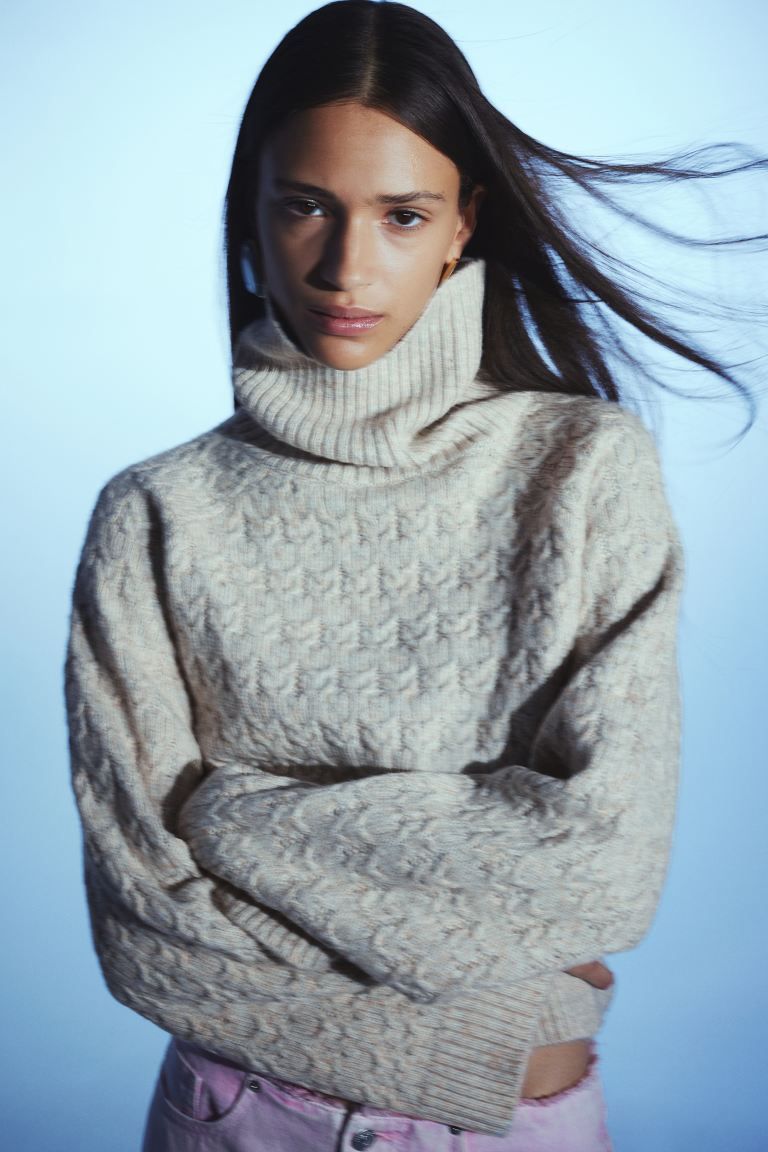 Polo-neck jacquard-knit jumper - Light beige marl - Ladies | H&M GB | H&M (UK, MY, IN, SG, PH, TW, HK)