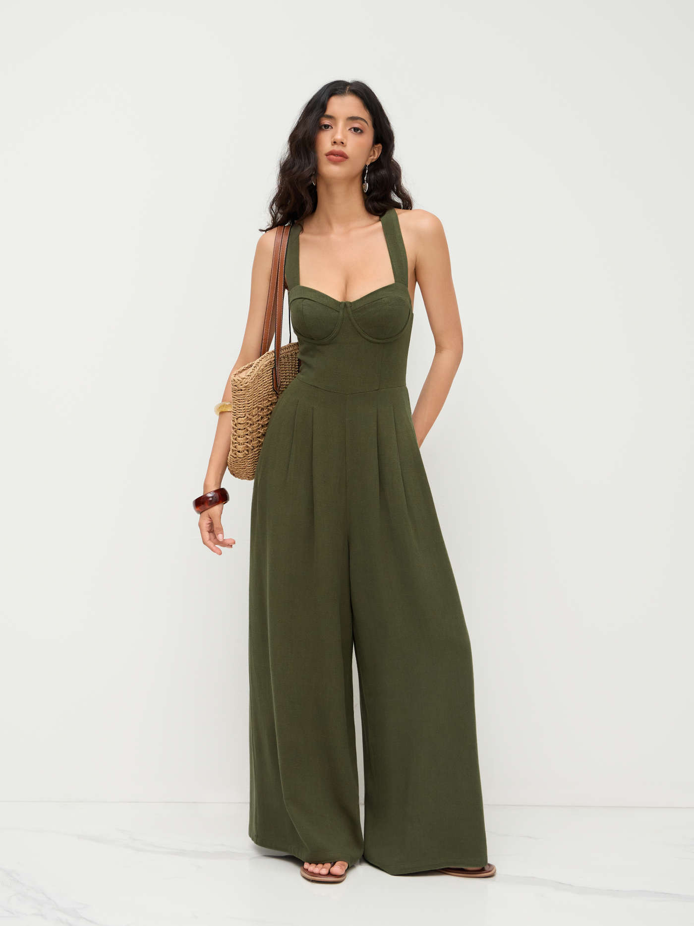 Linen-blend Square Neck Criss Cross Pleated Jumpsuit | Cider