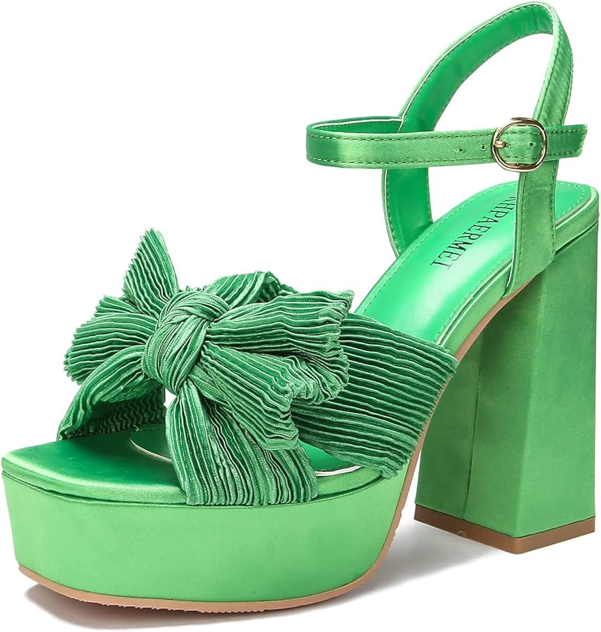 KHPAERMEI Bow Knot Platform Heels for Women Fashion Open Toe Chunky Heeled Sandals Ankle Strap We... | Amazon (US)