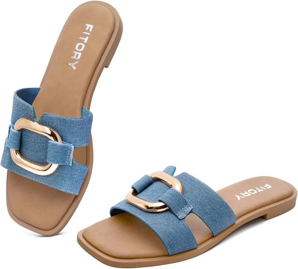 FITORY Women's Flat Sandals Fashion Square Open Toe Slides With Metal Chain Slippers for Summer S... | Amazon (US)