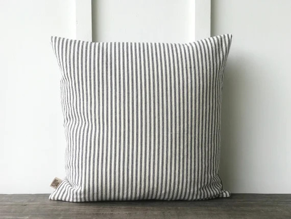 Farmhouse Blue French Ticking Pillow Cover Decorative Pillow | Etsy | Etsy (US)