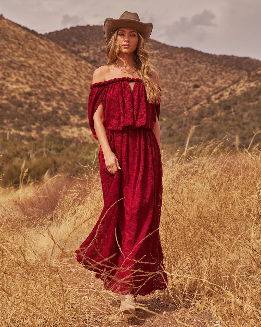 Serafina Floral Lace Off the Shoulder Maxi Dress Dark Red / M | VICI