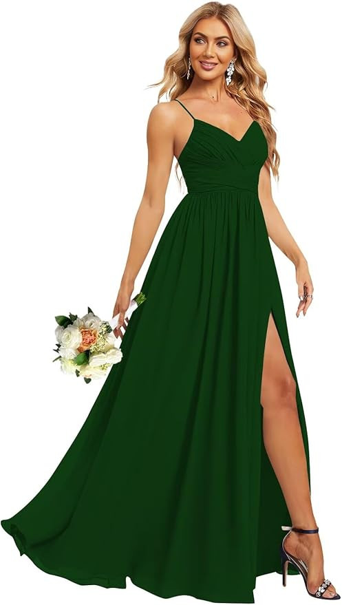 Chiffon V Neck Split Bridesmaid Dresses Long for Women with Pockets Empire Waist Pleated Formal P... | Amazon (US)