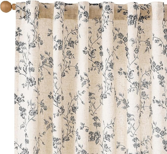 Lazzzy Farmhouse Linen Curtains Black Floral Curtains 84 Inch Length Back Tab Drapes for Living R... | Amazon (US)