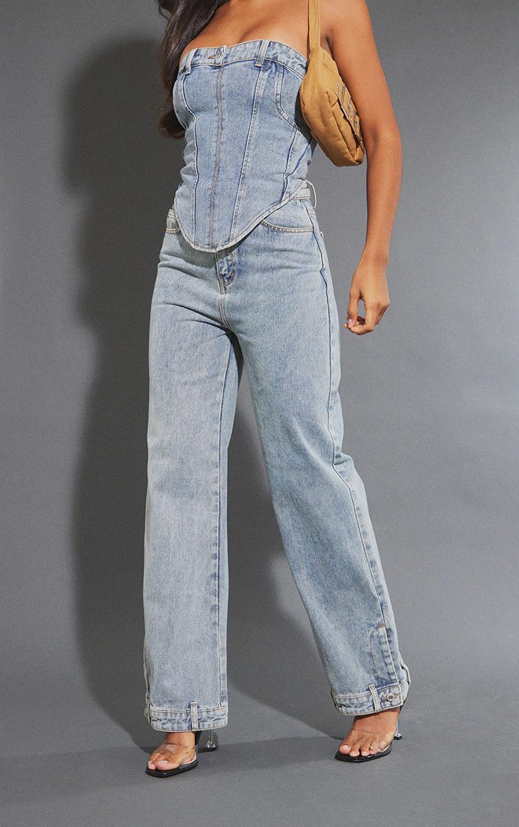 Mid Blue Wash Jean Waistband Detail Hem Straight Leg Jeans | PrettyLittleThing US