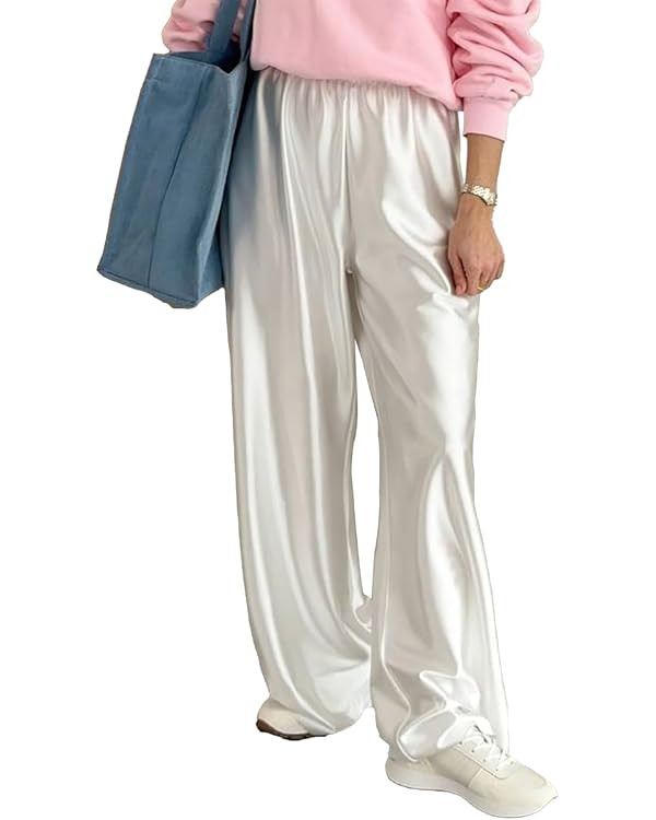 Women Satin Wide Leg Dress Pants Silk Casual Dressy Long Flowy Pants Elastic High Waisted Trouser... | Amazon (US)