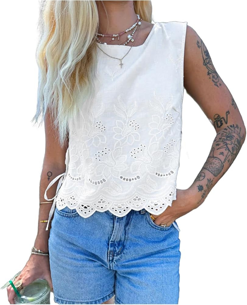 Women Eyelet Side Tie Tank Top Y2K Floral Embroidery Sleeveless Crop Top Boho Lace Hollow Out Cro... | Amazon (US)