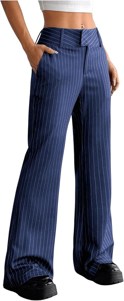 MakeMeChic Women's Pinstripe Pants Straight Leg Work Office Striped Long Trousers | Amazon (US)