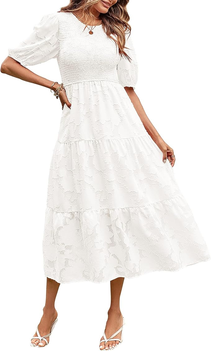 MEROKEETY Women's 2023 Summer Puff Sleeve Smocked Floral Dress Crewneck Lace Flowy Tiered Midi Dr... | Amazon (US)