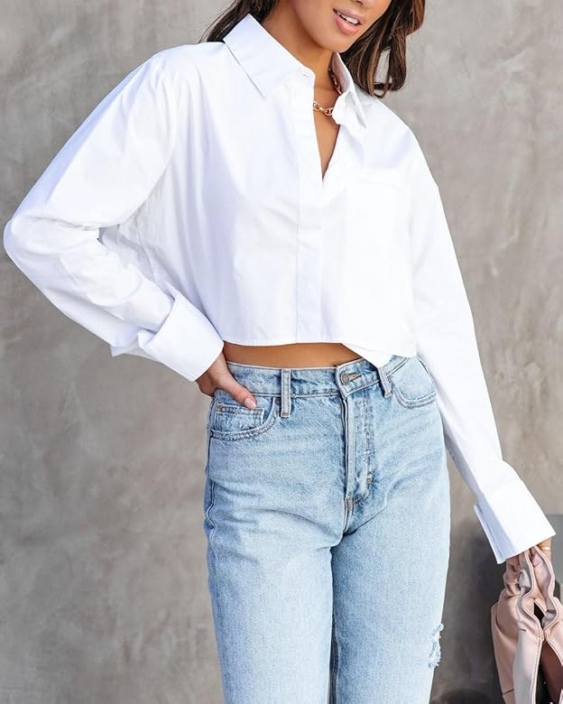 BONITEE Women Cotton Cropped Button Down Shirts Long Sleeve Crop Tops Collared Shirt Blouse Solid Co | Amazon (US)