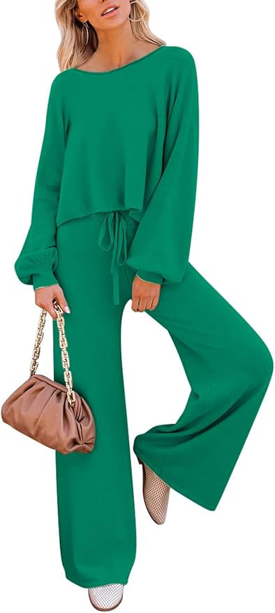 Pink Queen Women's 2 Piece Outfit Sweater Set Long Sleeve Crop Knit Top and Wide Leg Long Pants S... | Amazon (US)