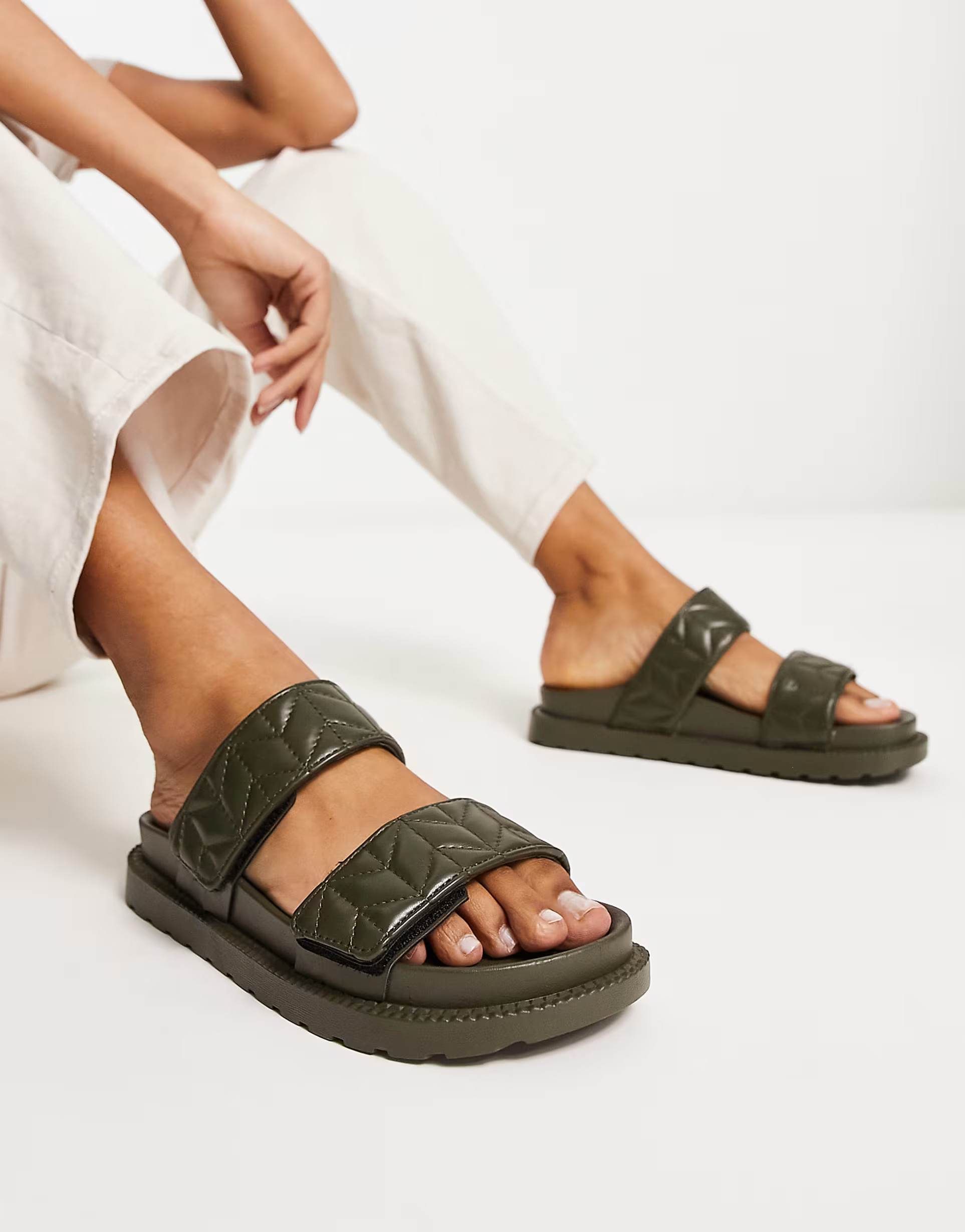 ASOS DESIGN Frequency double strap flat sandals in khaki | ASOS (Global)