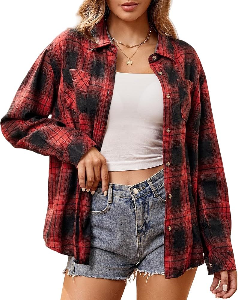 Alex Vando Womens Flannel Shirt Regular Long Sleeve Button Down Flannel Shirts for Women | Amazon (US)