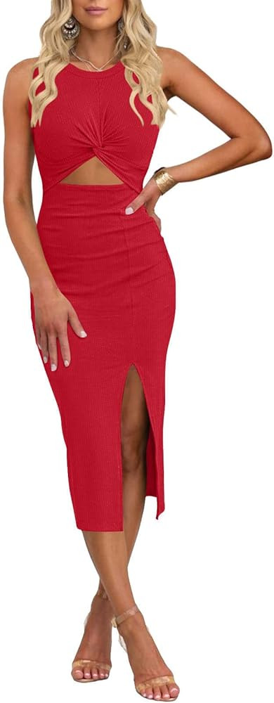 oten Women's Casual Sleeveless Cutout Twist Front Side Slit Ribbed Knit Party Bodycon Midi Dresse... | Amazon (US)
